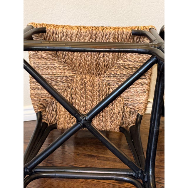 Pair of Hollywood Regency Chinoiserie Black Bamboo Arm Barstools For Sale - Image 12 of 12