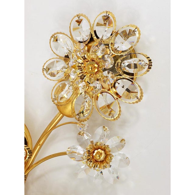 Large Gilt Brass & Crystals Flower Wall Light from Palwa, 1970s For Sale - Image 12 of 17