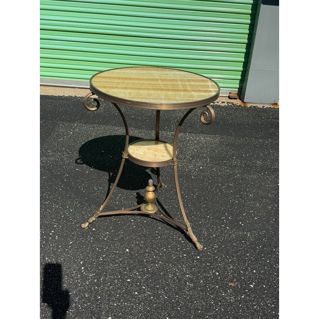 Cream Marble & Iron Side Table — Ornate Scrollwork Base • Two‑Tier Design For Sale - Image 8 of 11