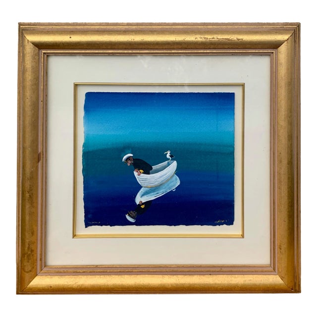 Helen Norton 1997 "The Mirror" Gouache Watercolor in Gold Frame For Sale