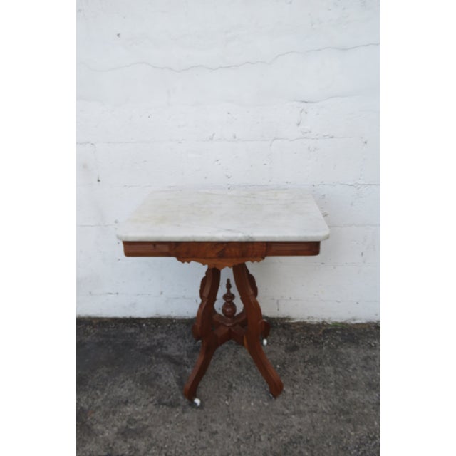 Late 1800s Victorian Eastlake Marble Top Carved Side Table 6296 For Sale - Image 4 of 16