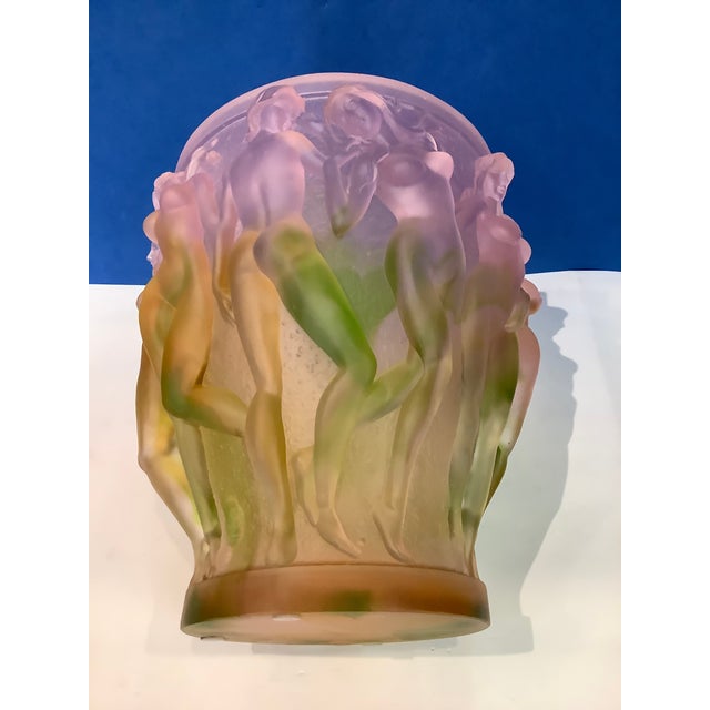 1950s Vintage XL Crystal Heavy Glass Art Vase, Green Pink Ombré Naked Ladies For Sale - Image 13 of 13
