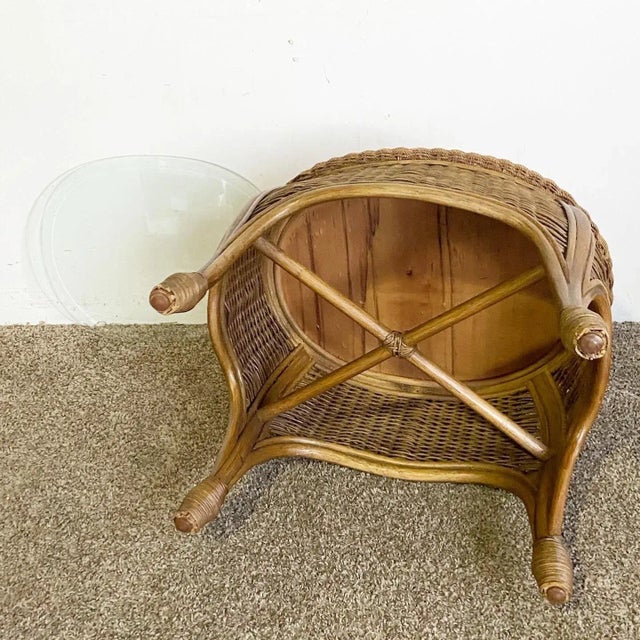 Wood Boho Chic Bamboo Rattan and Wicker Glass Top Side Table For Sale - Image 7 of 7
