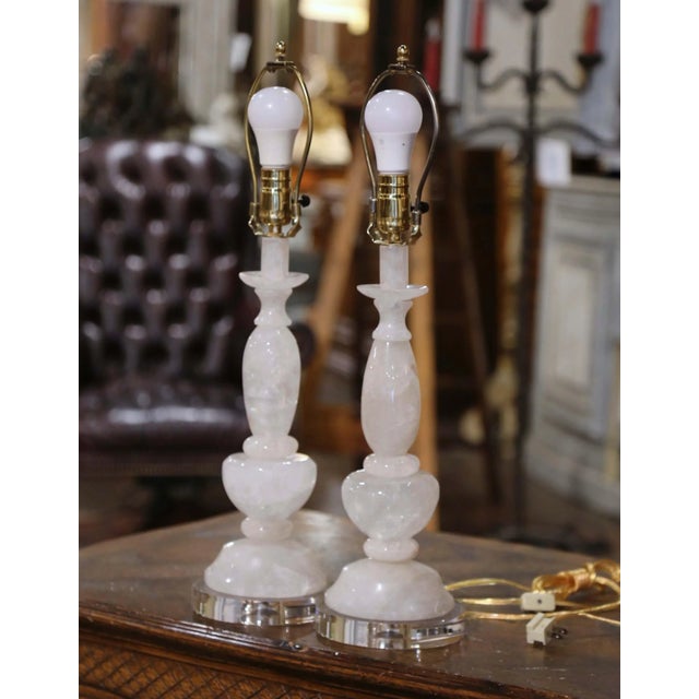 Plastic Pair of Brazilian Carved Rock Crystal Table Lamps on Acrylic Bases For Sale - Image 7 of 8