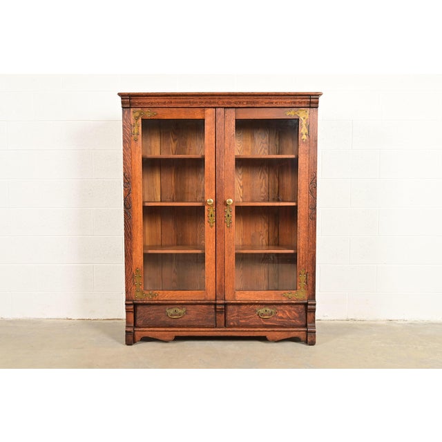 Antique Victorian Carved Oak Two-Door Bookcase, Circa 1890s For Sale - Image 15 of 15