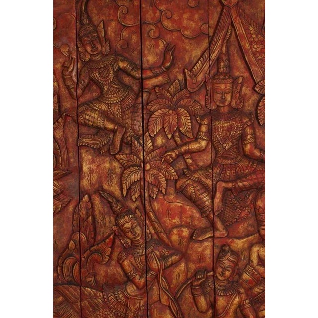 Figurative Monumental Vintage Thai Hand-Carved Wood Kinnari Wall Panel, Red and Gold For Sale - Image 3 of 15