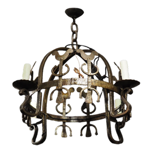 Small Hand Wrought Iron Stylized Rooster Chandelier From France, 20th Century