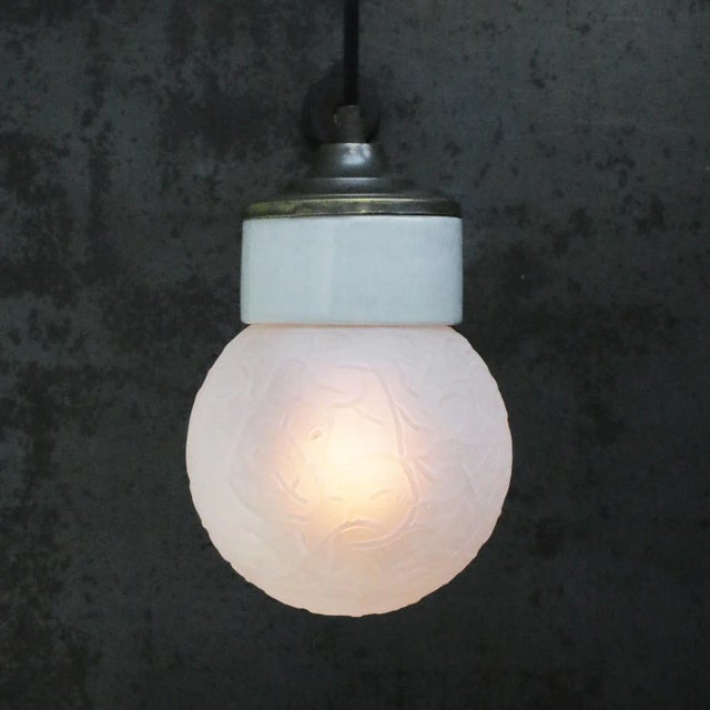 Vintage Industrial White Porcelain Clear Glass Brass Pendant Lights For Sale - Image 4 of 9
