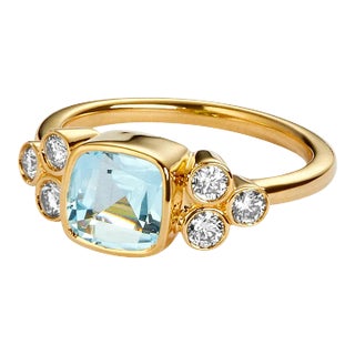 Syna Yellow Gold Blue Topaz Cushion Ring with Diamonds For Sale
