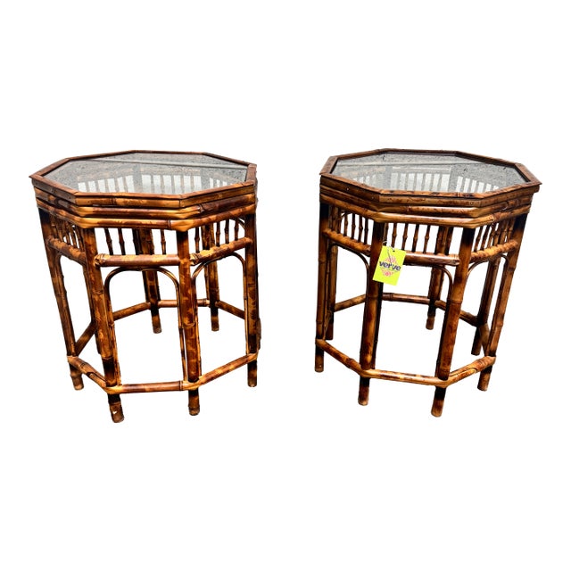 Vintage Boho Burnt Bamboo Glass Top Drink Tables - A Pair For Sale