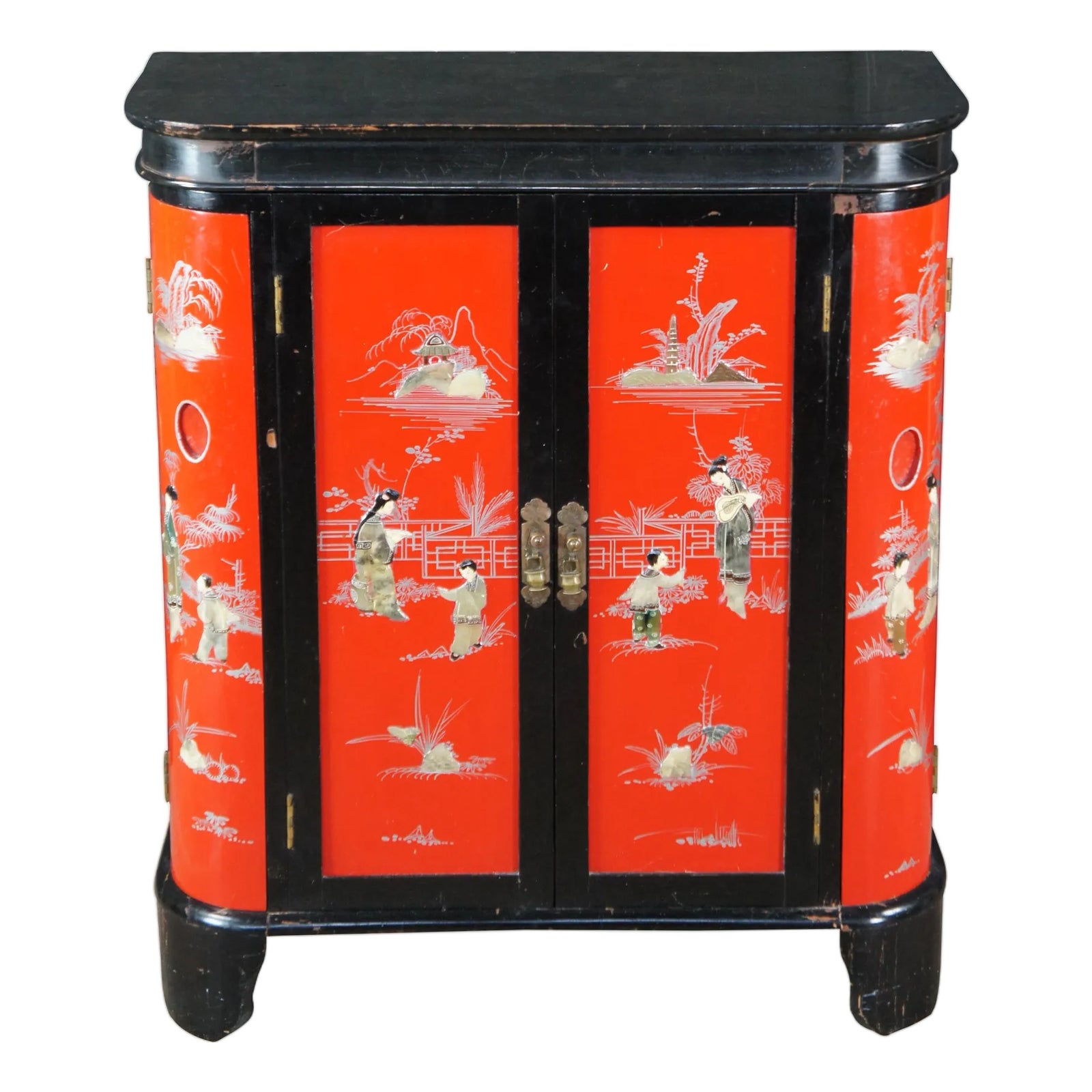 1960s Chinese Red & Black Lacquer Figural Soapstone Dry Bar