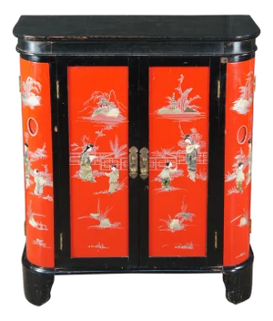 1960s Chinese Red & Black Lacquer Figural Soapstone Dry Bar Cabinet Chinoiserie