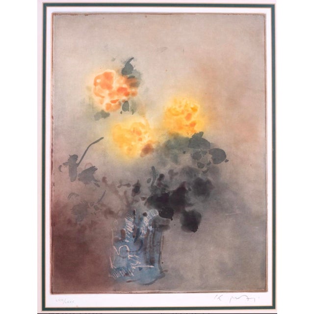 1970s Mid-Century Modern Kaiko Moti "Yellow Flowers" Original Signed Aquatint Etching — Framed For Sale - Image 4 of 7
