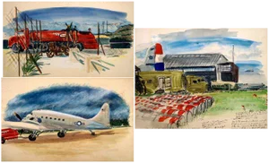 Framed World War II Watercolor Paintings - Set of 3