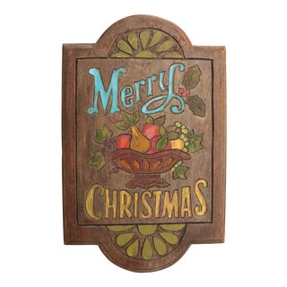Vintage 1970's "Merry Christmas" Wooden Plaque For Sale