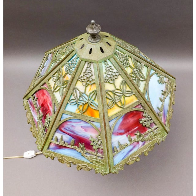 Metal Bradley & Hubbard Vintage Arts and Crafts Leaded Slag Glass Table Lamp For Sale - Image 7 of 10