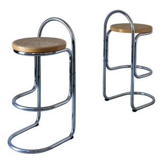 Tubular Chrome and Cane Bar Stools, 1970s, Set of 2 For Sale