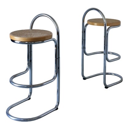 Tubular Chrome and Cane Bar Stools, 1970s, Set of 2 For Sale