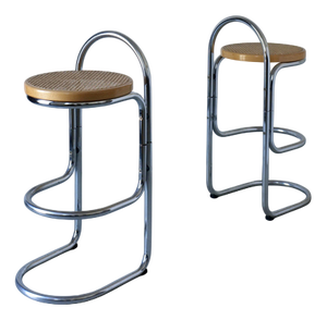 Tubular Chrome and Cane Bar Stools, 1970s, Set of 2