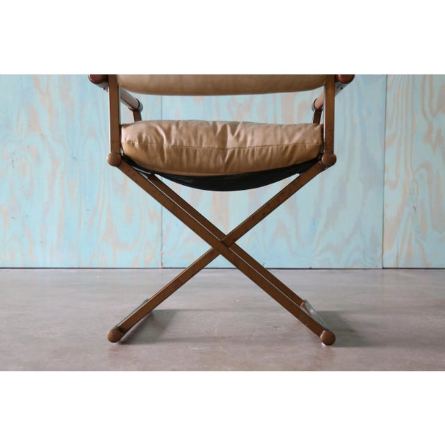 1970s Cal Style Director Chairs Oak Brass and Vinyl Set of 4 For Sale - Image 9 of 11