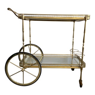 Vintage Brass Bar Cart with Tray For Sale