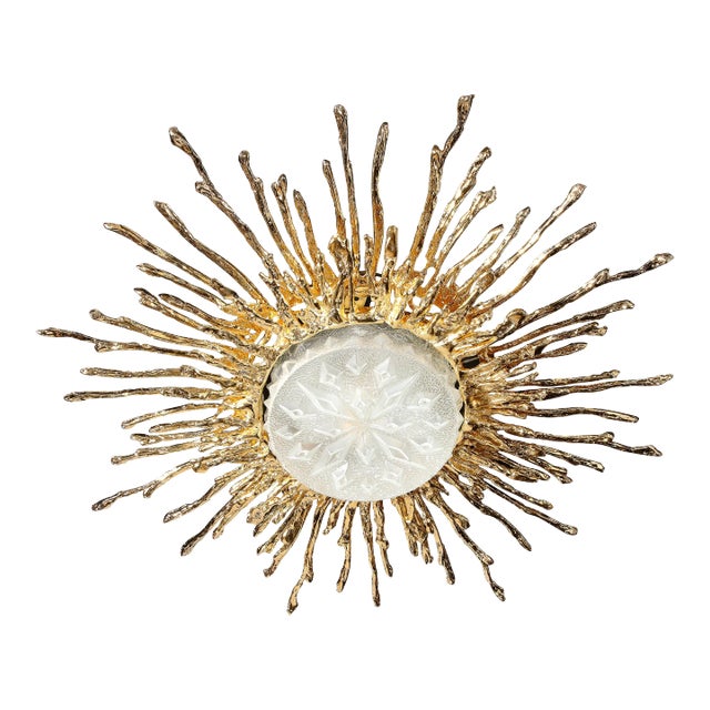 Late 20th Century Claude Boeltz Exploded Bronze & 24-Karat Gold Sunburst Flush Mount For Sale