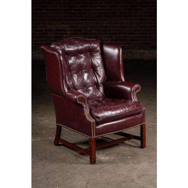 Mid 20th Century Tufted Leather Wingback Chesterfield Armchair With Ottoman in Oxblood For Sale - Image 4 of 15
