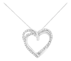 .925 Sterling Silver 1/4 cttw Prong Set Round-Cut Diamond Woven Double Heart 18" Pendant Necklace