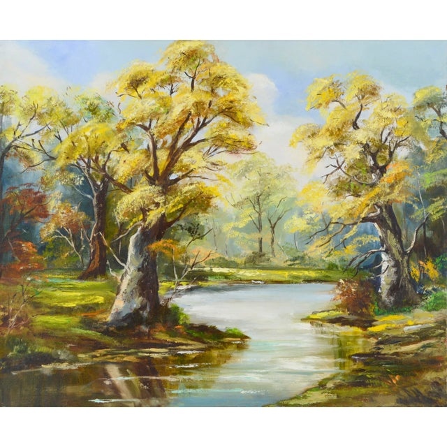 1970s Yellow Oak Trees Autumn River Landscape Painting For Sale