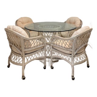 Coastal Vintage 1980s White-Wash Henry Link Wicker & Rattan 5-Piece Dining Set on Casters For Sale
