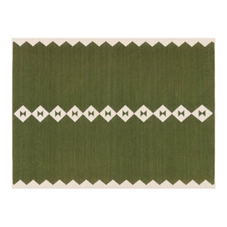 Handmade New Zealand Wool Dhurrie, Olive Green and White Diamond Rug- 9'x12' For Sale