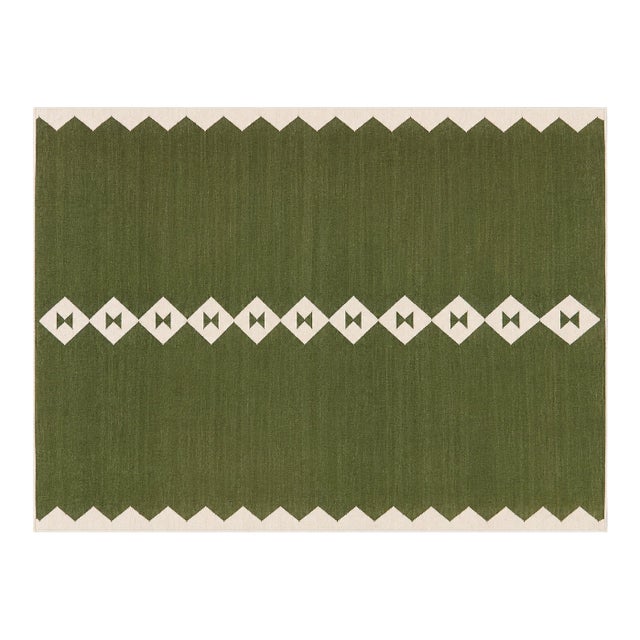 Handmade New Zealand Wool Dhurrie, Olive Green and White Diamond Rug- 9'x12' For Sale