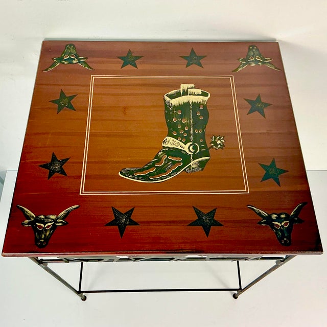 1990s Vintage Americana Southwestern Horse, Cowboy Boot, & Long Horn Steer Metal Framed Side Table For Sale - Image 4 of 17