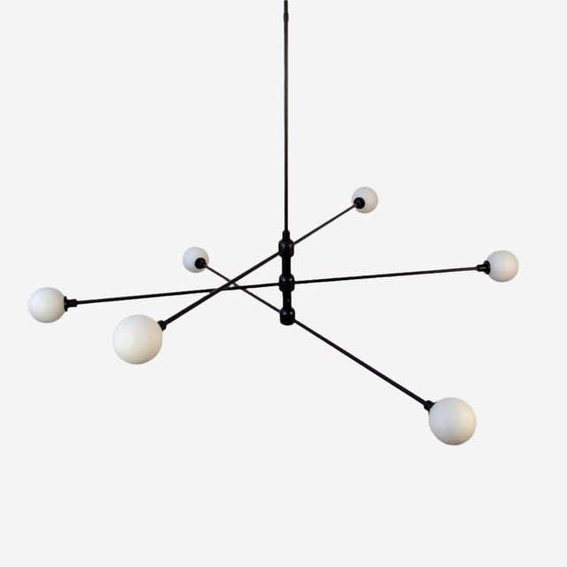 Metal Three Tier Chandelier, Black, 51.5in H, 3 Inch Glass Globes, by Research.Lighting, Modern, Minimal Hanging Light For Sale - Image 7 of 10