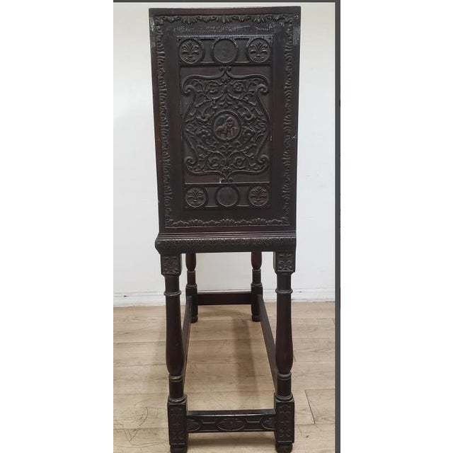 Wood Antique Spanish Style Carved Vargueno Bargueno Drop Front Secretary Desk Cabinet For Sale - Image 7 of 18