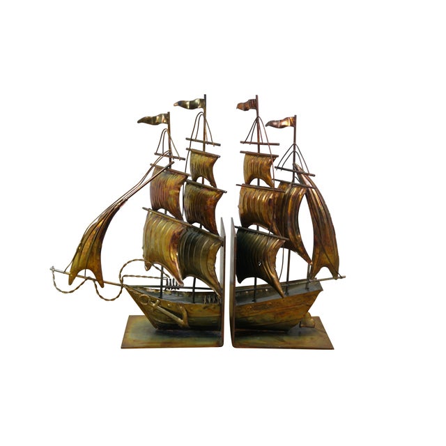 Nautical Mid Century Brass Nautical Maritime Sailboat Clipper Ship Library Bookends For Sale - Image 3 of 13