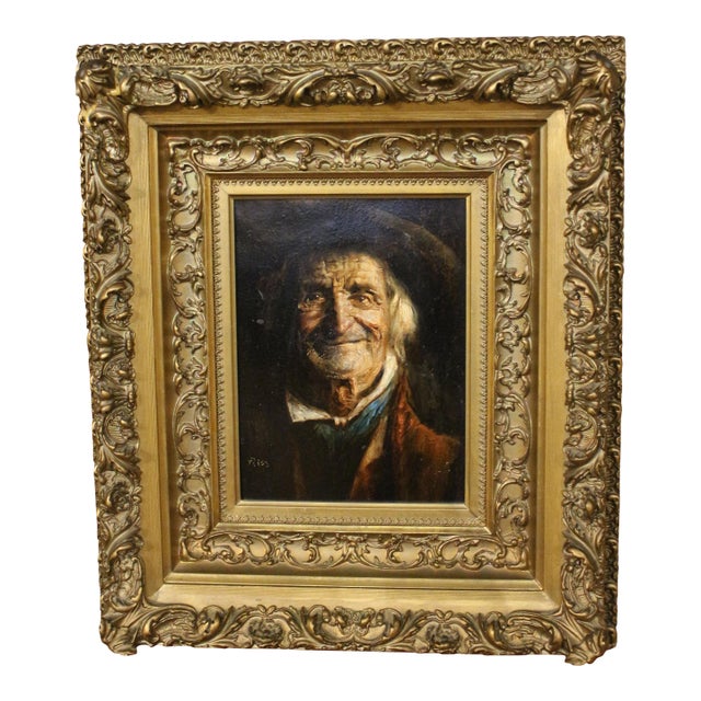 C. 1900-1920 Oil Painting on Cardboard Board by Thomas Riss of a "Weathered Old Man" For Sale