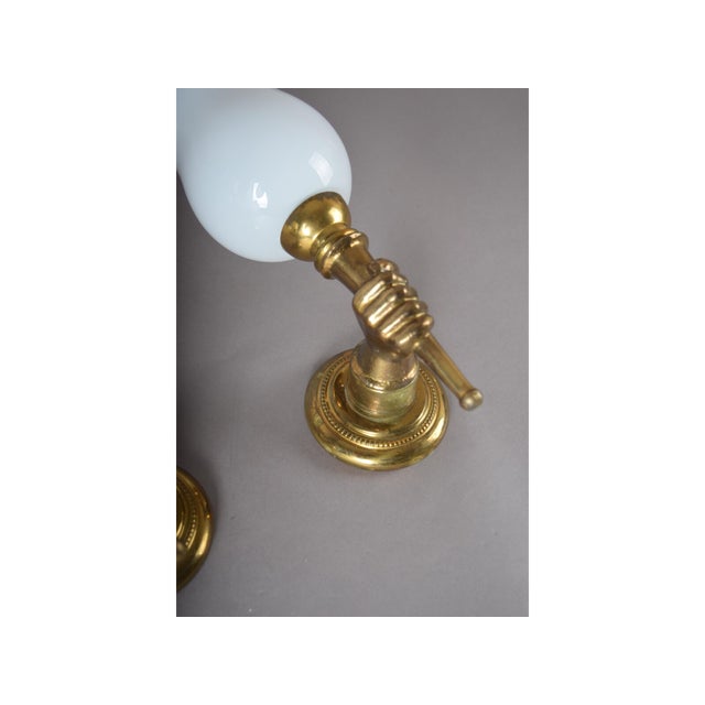 Mid-Century Brass and Opaline Glass Wall Sconces in the style of André Arbus, France, 1950s, Set of 2 For Sale - Image 6 of 14
