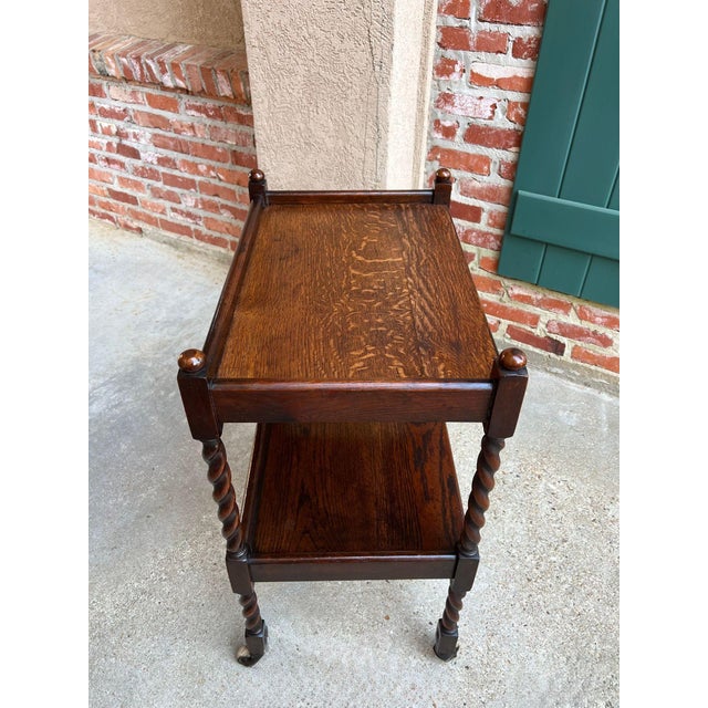 Brown Antique English Barley Twist Tea Trolley Bar Cart Table Tiger Oak Dumbwaiter For Sale - Image 8 of 18