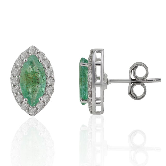 Not Yet Made - Made To Order Vintage Inspired 1.8 Ct Natural Marquise Emerald & Diamond Stud Earrings 2 Pieces For Sale - Image 5 of 12