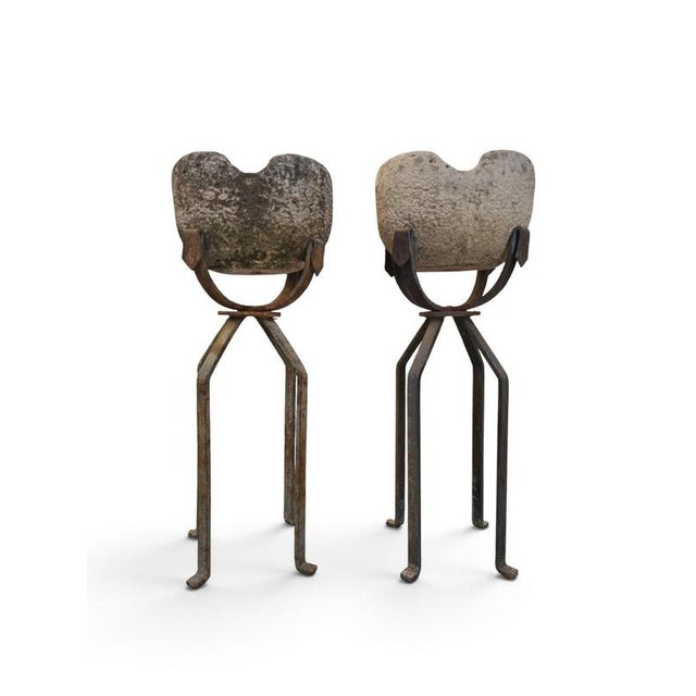 19th Century Carved Stone Planters on Wrought Iron Stands, 1880, Set of 2 For Sale - Image 3 of 10