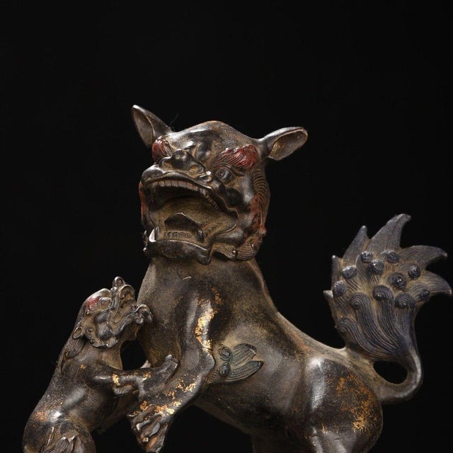 Bronze Pair of Antique Gilt Bronze Guardian Lions – 8.7" Foo Dogs on Drum Bases With Cub & Ball For Sale - Image 8 of 9
