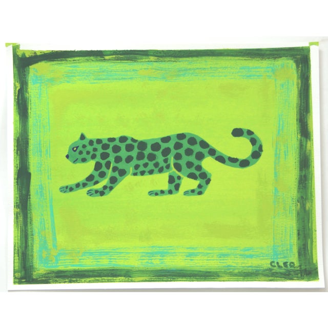 Contemporary Leopard Green in Border Minimalism Abstract Expressionism Shabby Chic Tribal Original Painting by Cleo Plowden For Sale - Image 3 of 3