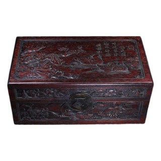 Zitan Wood Box Carved With Lotus Pond Scene & Poetry For Sale