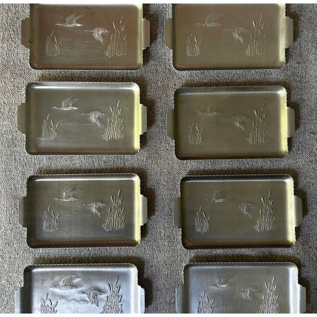 Adorable flying geese cattails stamped aluminum snack serving tidbit cocktail trays. Frosted silver color with fluted...