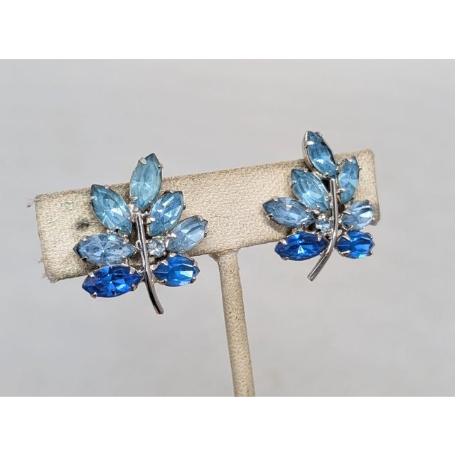 Mid-Century Modern Vintage Signed Napier Blue Ombre Rhinestone Leaf Clip Earrings- 2 Pieces For Sale - Image 3 of 7