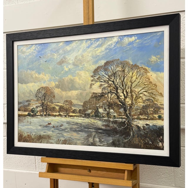 John Miller Winter landscape with snow covered fields & farmhouse in the English Countryside 1985 Circa For Sale - Image 9 of 14