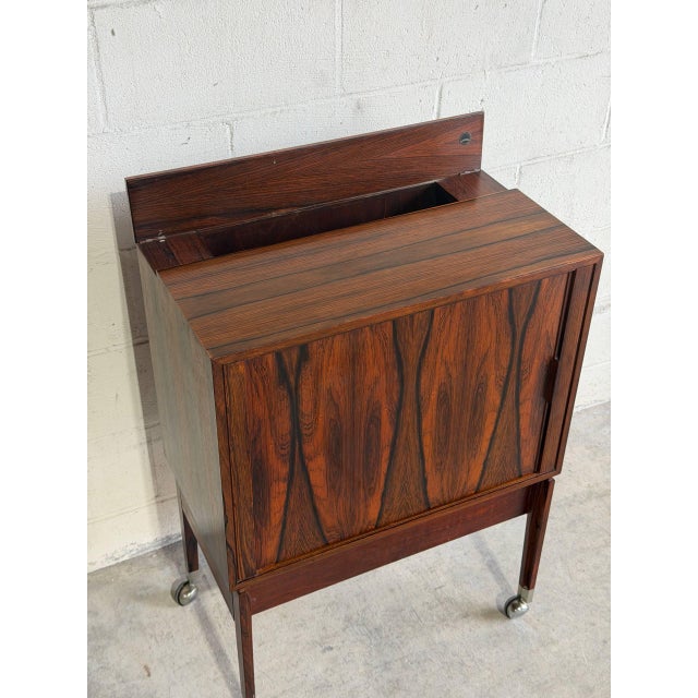 Rosewood Rolling Bar Cart Server Cabinet With Sliding Door Denmark 1960s For Sale In Los Angeles - Image 6 of 10