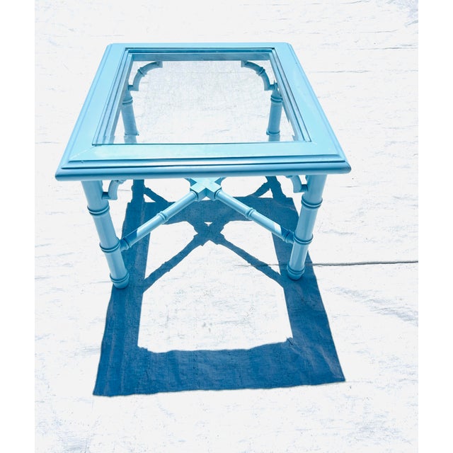 Mid-Century Modern 70's Vintage Lane Faux Bamboo Glass Top End Table Newly Painted Robins Egg Blue For Sale - Image 3 of 9