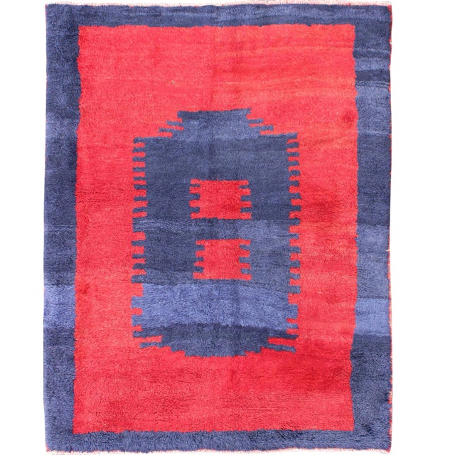 Turkish Tulu Rug With Modern Minimalist Design in Blue, Red and Luxurious Wool For Sale